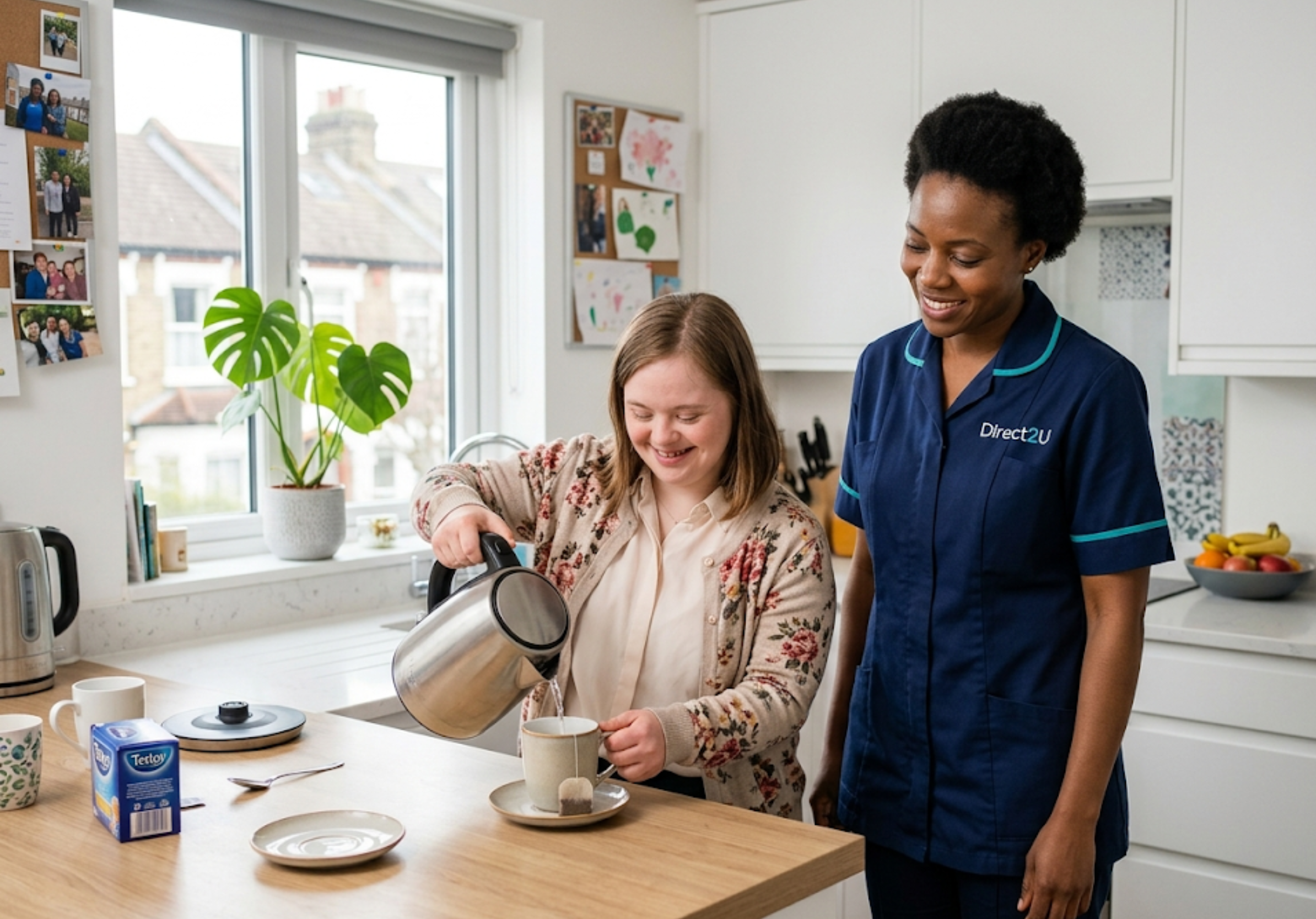 Direct2U supported living worker empowering a young adult woman to make her own tea in her Enfield flat - independent supported living in North London